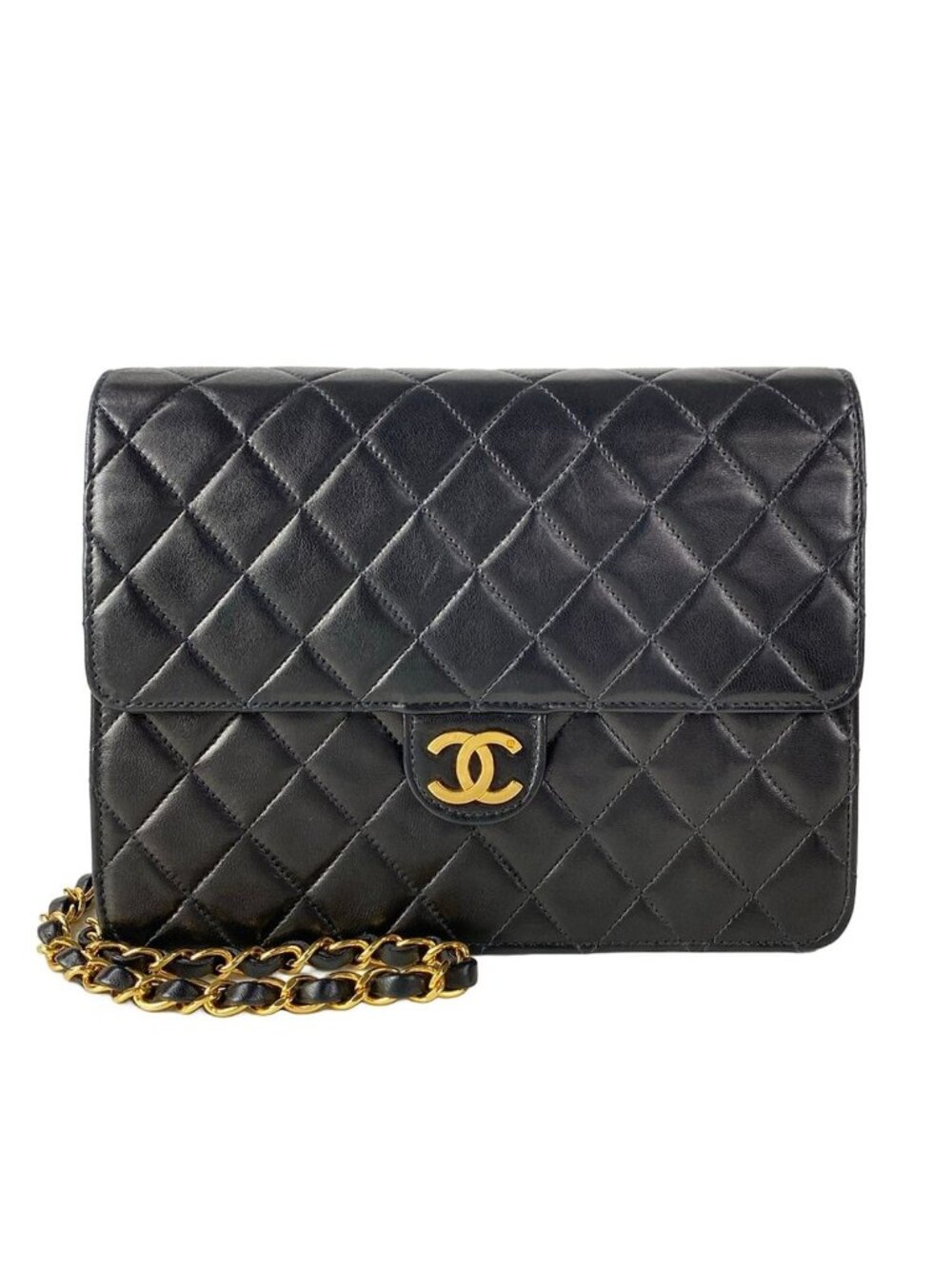 Chanel Shoulder Bag Single Flap Quilted Black Gold Chain Pushlock Lambskin